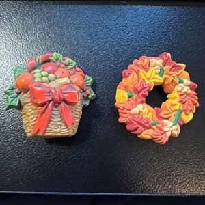 Vintage Fall Harvest Brooch Set Basket‎ and Wreath Autumn Holiday Pins